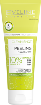 Eveline Clean Shot Peeling Kwasowy, jasnozielona tubka z białym napisem, kwasy AHA BHA PHA, widok z przodu.