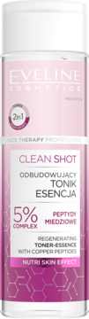 Eveline Cosmetics Clean Shot regenerujący tonik-esencja z 5% peptydami miedziowymi, widok z przodu.