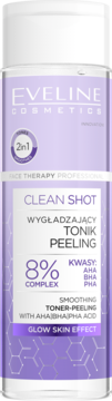 Biała butelka Eveline Clean Shot Tonik Peeling z 8% kwasów AHA/BHA/PHA, widok z przodu, purpurowe detale.