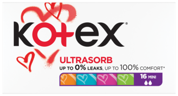 Reklamowe logo Kotex Ultrasorb tampony mini, 16 sztuk, z hasłem "Up to 0% Leaks", na białym tle z kolorowymi sercami.