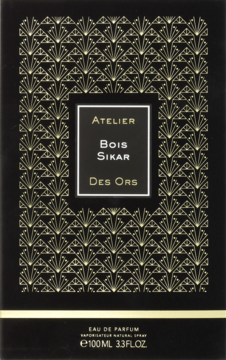 Atelier des Ors Bois Sikar unisex EDP, czarne pudełko ze złotym wzorem art deco, widok z przodu.