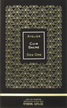 Czarne pudełko perfum Cuir Sacr&eacute; Atelier des Ors ze złotym wzorem art deco i nazwą marki, widok z przodu.