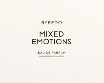 Przednia strona etykiety perfum Byredo Mixed Emotions Eau de Parfum, czarny tekst na kremowym tle.