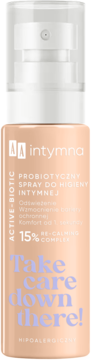 AA Intymna probiotyczny spray do higieny intymnej, brzoskwiniowa butelka z białym dozownikiem, widok z przodu.