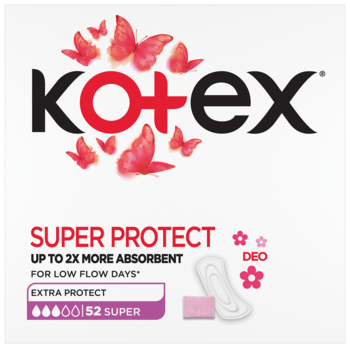 Kotex Super Protect cienkie wkładki higieniczne z DEO, białe opakowanie, różowe motyle, 52 szt., widok z przodu.
