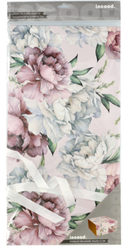 Składane pudełko prezentowe incood. z różowymi i białymi piwoniami, owinięte białą wstążką, w przezroczystym opakowaniu.