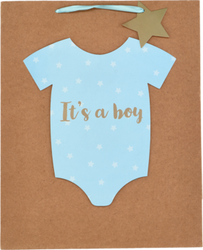 Torebka prezentowa brązowa z niebieskim bodziakiem w gwiazdki i napisem "It's a boy", idealna na baby shower.
