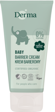 Derma Baby Barrier Cream, jasnozielona tuba z białym korkiem. Widoczny rysunek słonia i napis: 0% PERFUME.