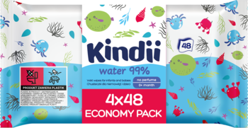 Chusteczki Kindii 99% Water 4x48 Economy Pack, kolorowe opakowanie z motywem podwodnym, widok z przodu.