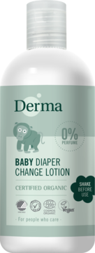 Derma Eco Baby Diaper Change Lotion, biała butelka z zieloną etykietą i grafiką małpki, 0% perfum.