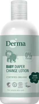 Derma Eco Baby Diaper Change Lotion, biała butelka z zieloną etykietą i grafiką małpki, 0% perfum.