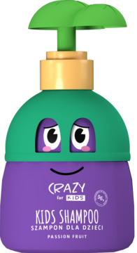 Szampon dla dzieci HiSkin Crazy for Kids Passion Fruit, fioletowo-zielona butelka z uśmiechniętą buzią, widok z przodu.