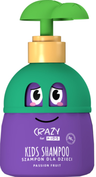 Szampon dla dzieci HiSkin Crazy for Kids Passion Fruit, fioletowo-zielona butelka z uśmiechniętą buzią, widok z przodu.