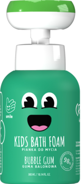 Teal kids bath foam with white pump, cartoon face, 'Bubble Gum' scent, 98% natural, front view.