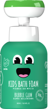 Teal kids bath foam with white pump, cartoon face, 'Bubble Gum' scent, 98% natural, front view.