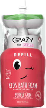 CRAZY for KIDS Bubble Gum Kids Bath Foam refill w czerwonej saszetce z uśmiechniętą buzią, widok z przodu.