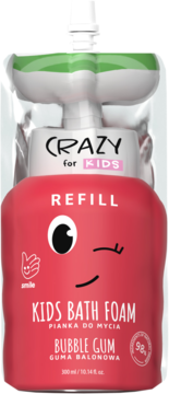 CRAZY for KIDS Bubble Gum Kids Bath Foam refill w czerwonej saszetce z uśmiechniętą buzią, widok z przodu.
