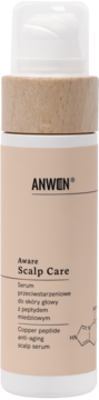 ANWEN Scalp Care serum przeciwstarzeniowe, beżowa butelka z drewnianym pierścieniem i białym korkiem.