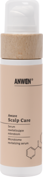 ANWEN Aware Scalp Care serum, rewitalizujące mikrobiom, w beżowej butelce z drewnianym pierścieniem, widok z przodu.