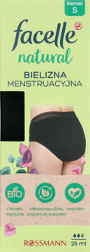 Zielone opakowanie bielizny menstruacyjnej Facelle Natural rozmiar S, z czarnymi majtkami z bawełny BIO.
