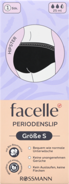 Facelle Periodenslip Hipster S, 1 szt. Opakowanie z ilustracją czarnych majtek menstruacyjnych z organicznej bawełny.