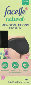 Opakowanie facelle Natural Menstruations Hipster, czarnych, rozm. L. Widok z tyłu na pośladki w bieliźnie, eko.