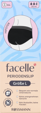 Opakowanie Facelle PERIODENSLIP Hipster, rozmiar L, 25ml, 1 sztuka. Czarne majtki menstruacyjne z bio-bawełny.
