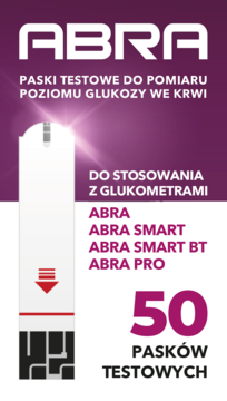 ABRA paski testowe do pomiaru glukozy we krwi, 50 sztuk. Fioletowe opakowanie z grafiką, widok z przodu.