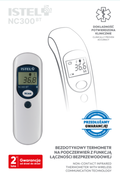 Bezdotykowy termometr Istel NC300 BT z bezprzewodową łącznością, biały, widok przodu z wyświetlaczem 36.8.