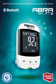 Biały glukometr ABRA SMART 3 z Bluetooth, widok z przodu. Na ekranie wynik '92 mg/dL', na niebieskim tle.
