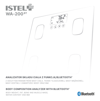 Biały analizator składu ciała ISTEL WA-200BT z Bluetooth, waga z ekranem LCD i elektrodami, widok z góry.