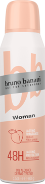 Bruno Banani Woman antyperspirant w sprayu, brzoskwiniowa butelka, widok z przodu, z nutami brzoskwini i piżma.
