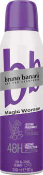 Antyperspirant Bruno Banani Magic Woman 150ml, fioletowo-biały spray z motywem konwalii i jagód, widok z przodu.