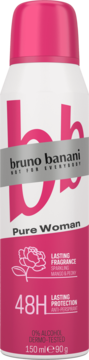 Bruno Banani Pure Woman dezodorant, biało-fuksjowa puszka, logo 'bb', 48H ochrony, widok z przodu.