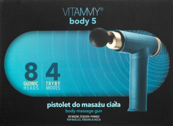 Pudełko pistoletu Vitammy Body 5 do masażu, z widocznym niebieskim masażerem, 8 głowicami, 4 trybami.