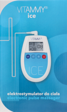 Vitammy Ice elektrostymulator biało-niebieski, widoczny na tle opakowania, z napisem electronic pulse massager.