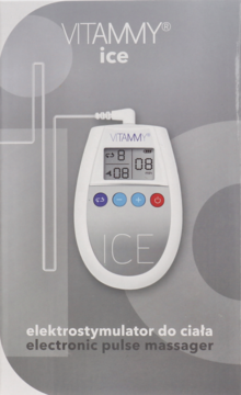 Biały elektrostymulator Vitammy Ice (electronic pulse massager) na opakowaniu, widok z przodu.