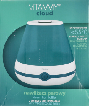 Nawilżacz parowy VITAMMY cloud w biało-turkusowej obudowie, z systemem chłodzenia pary, na pudełku. Widok z przodu.