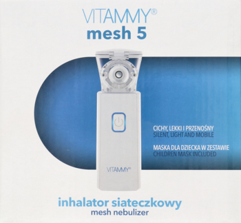 Biały nebulizator Vitammy Mesh 5 w opakowaniu, z niebieskim owalem, na białym tle. Widok z przodu.