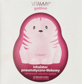 Inhalator Vitammy Gattino: białe opakowanie z dużym, satynowym, różowym wizerunkiem siedzącego kota, widok z przodu.