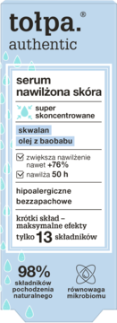 Tołpa serum nawilżające w jasnoniebieskiej butelce, widok z przodu. Podkreślone składniki: skwalan, olej z baobabu.