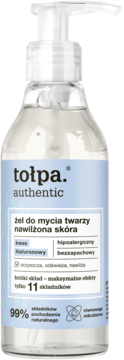 Tołpa authentic nawilżający żel do twarzy, kwas hialuronowy, jasna butelka z pompką, widok z przodu.