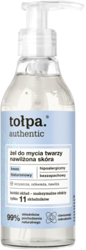 Tołpa Authentic żel do mycia twarzy z kwasem hialuronowym, przezroczysta butelka z białą pompką, widok z przodu.