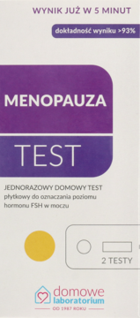 Domowy test menopauzy FSH. Białe pudełko z fioletowym tłem i napisem MENOPAUZA TEST, zawiera 2 testy.