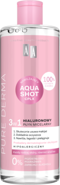 Różowa butelka AA Pure Derma Hialuronowy Płyn Micelarny 3w1, widok z przodu, oczyszcza i nawilża.
