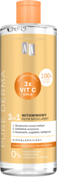 Złota butelka AA Pure Derma witaminowego płynu micelarnego 3w1 z 3x VIT C, hipoalergiczny, widok z przodu.