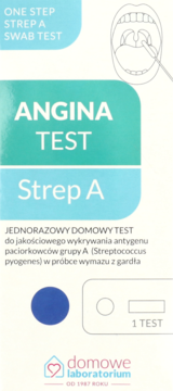 Białe opakowanie Angina Test Strep A, domowy test wymazowy na paciorkowce, z ilustracją gardła i wynikami.