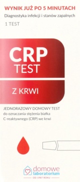 Domowy test CRP z krwi w pionowym, biało-czerwonym opakowaniu do szybkiej diagnostyki infekcji.