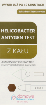 Domowe Laboratorium Helicobacter Antygen Test z kału. Biało-brązowe opakowanie z grafiką i tekstem, widok z przodu.