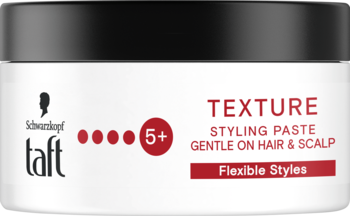 Biały słoik Schwarzkopf Taft Texture Styling Paste, z czarną pokrywką, widok z przodu, mocne utrwalenie 5+.